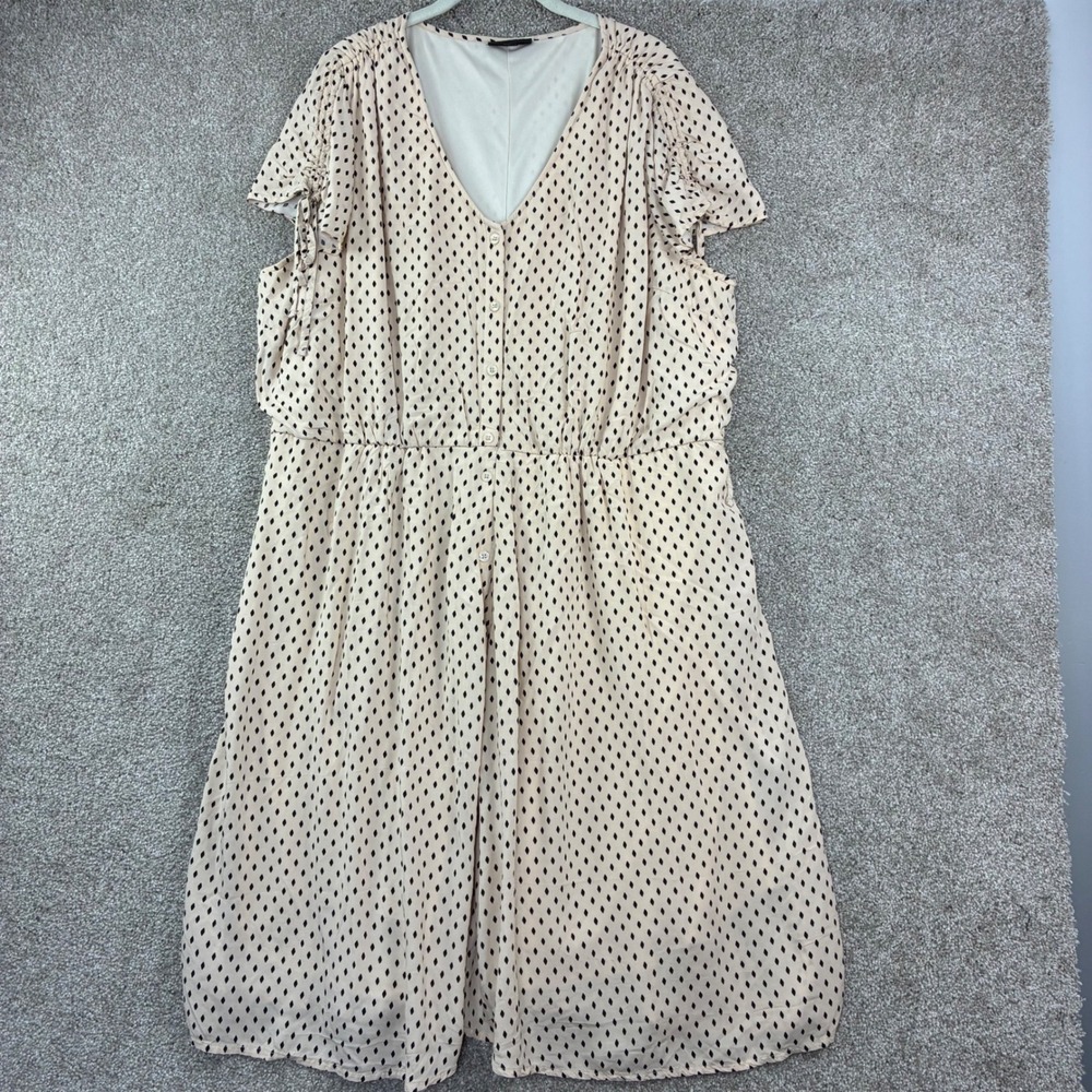 Lane Bryant Dress Womens Plus Cream Black Diamond Polka Dot Button Front V-Neck - Picture 2 of 10